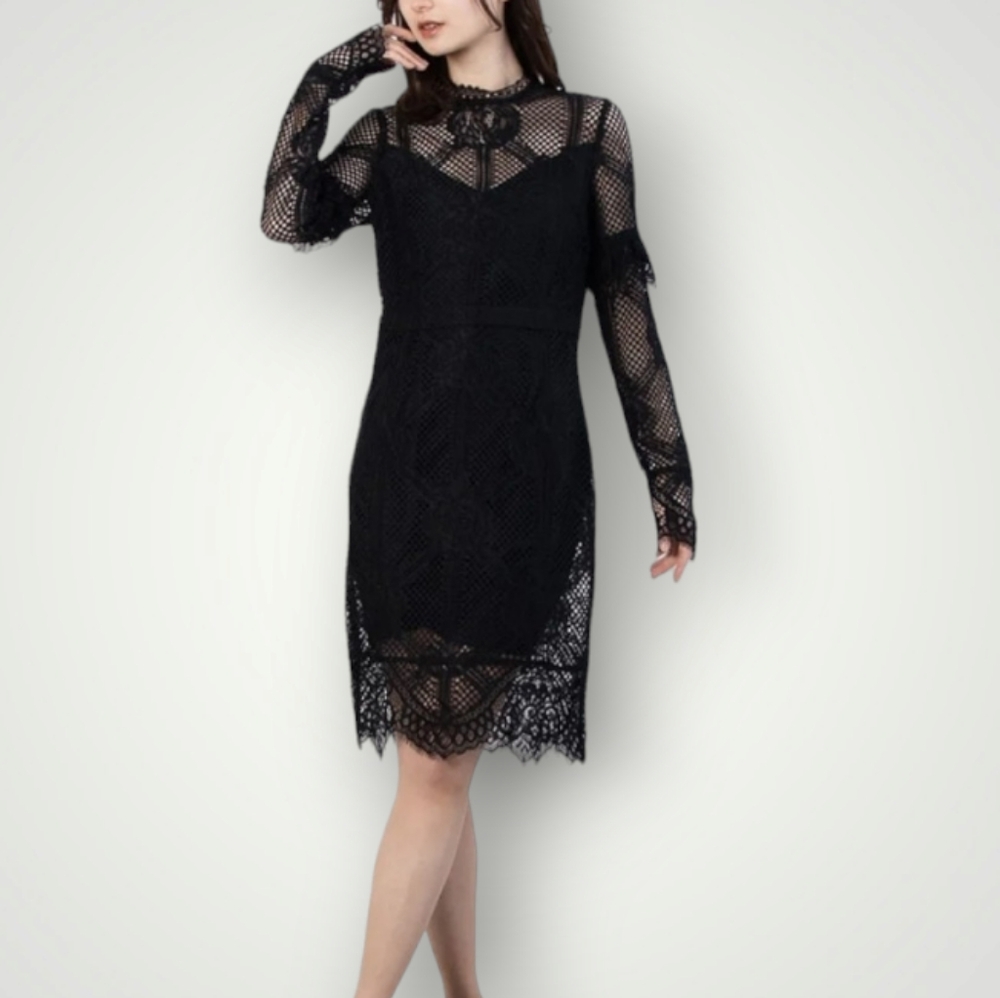 Marciano Los Angeles Black Crochet Lace Dress 40/6 Scalloped Hem Long Sleeve